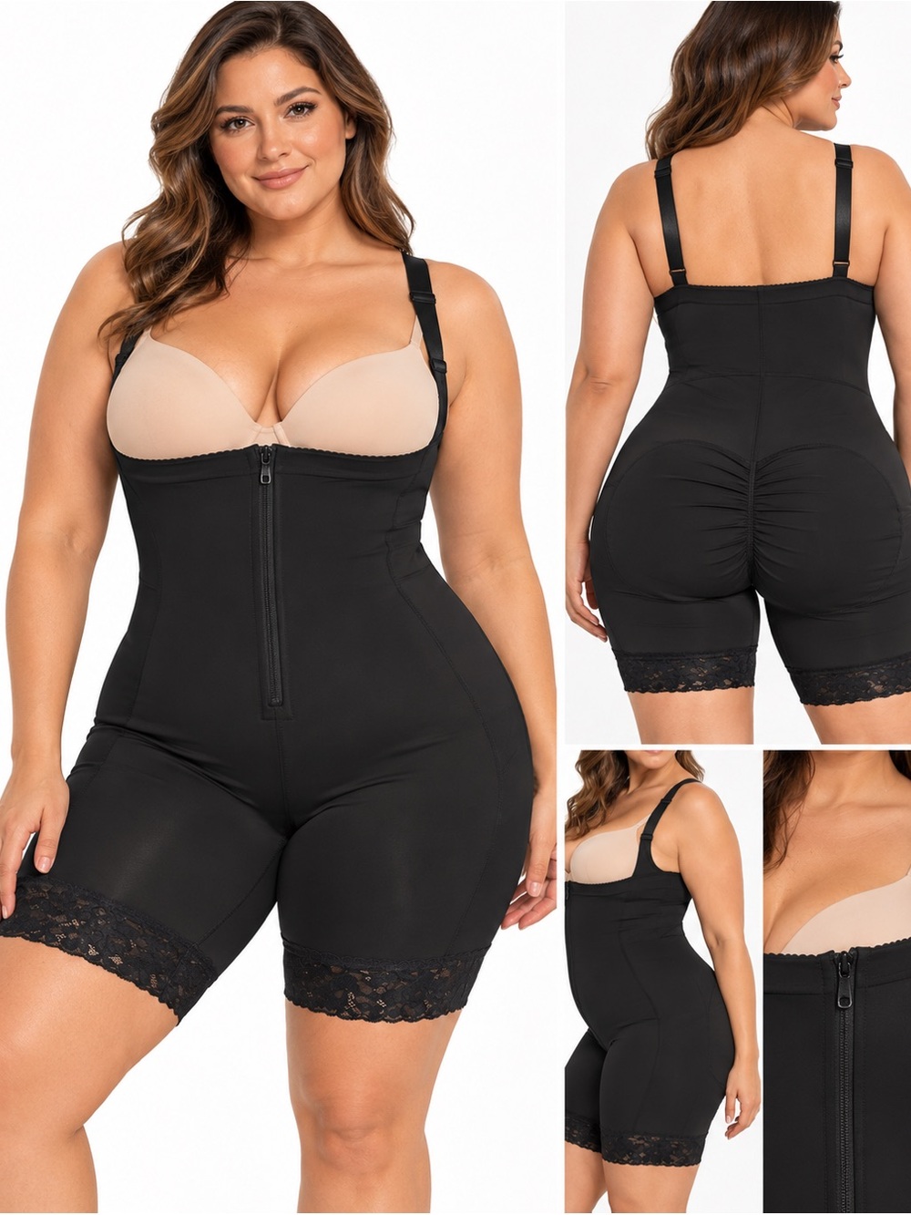 Source Unknown Black Plus-Size High-Waist Sculpting Bodysuit with Lace Trim